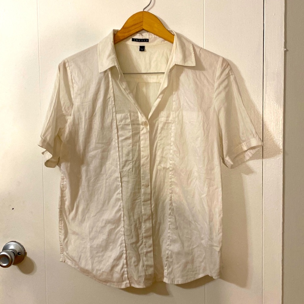 Theory linen short sleeve button down with unique stitching Size M
